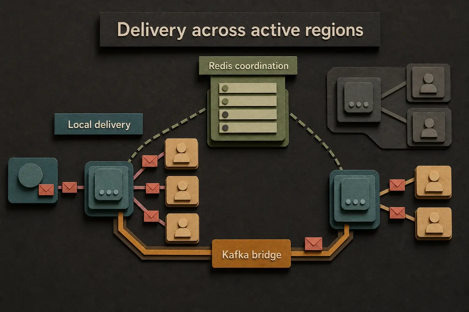 Paper-craft diagram showing local delivery, Redis coordination, and a Kafka bridge to an active remote region