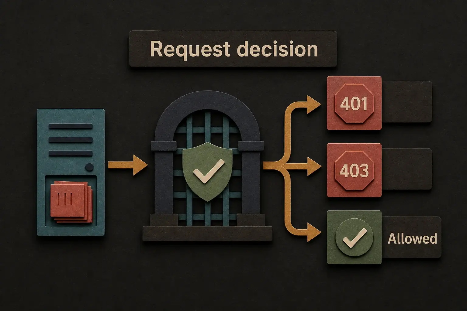 A Laye policy branching requests into 401, 403, or allowed outcomes