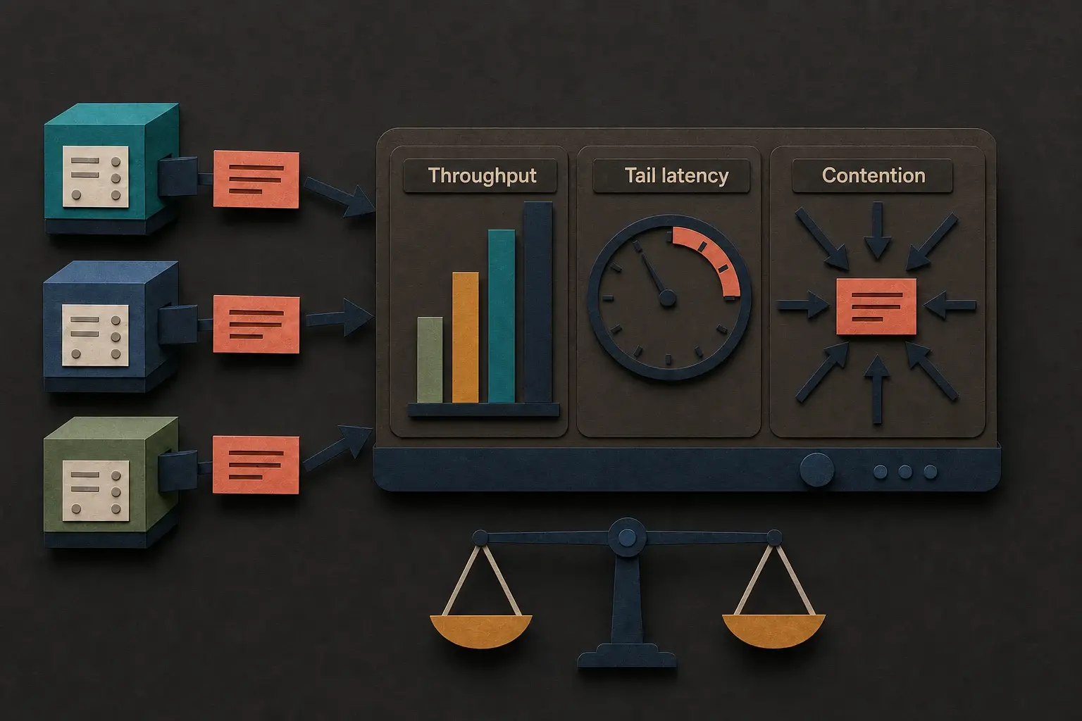 Benchmark instruments for throughput, tail latency, and contention
