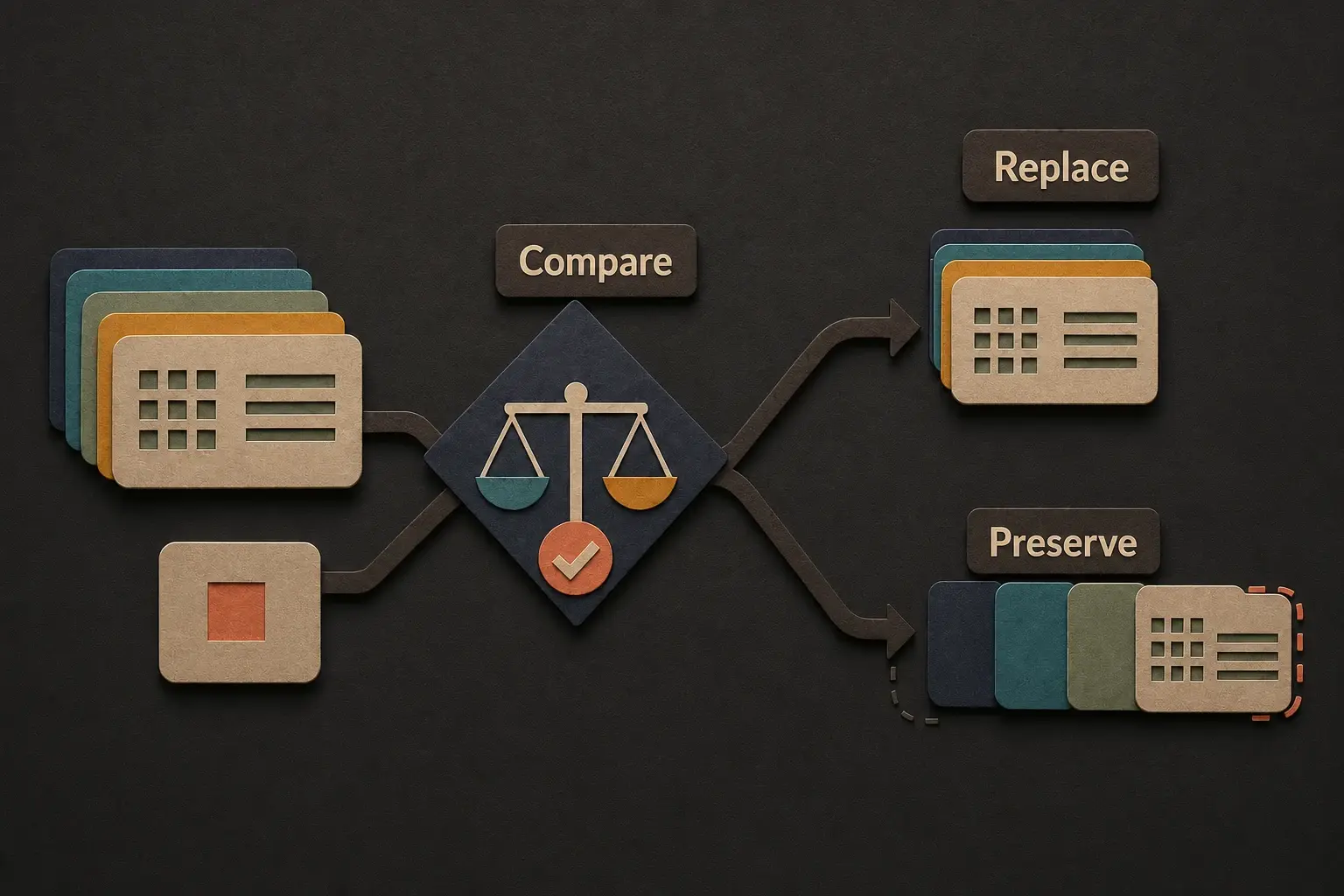 A conditional comparison choosing replacement or history preservation