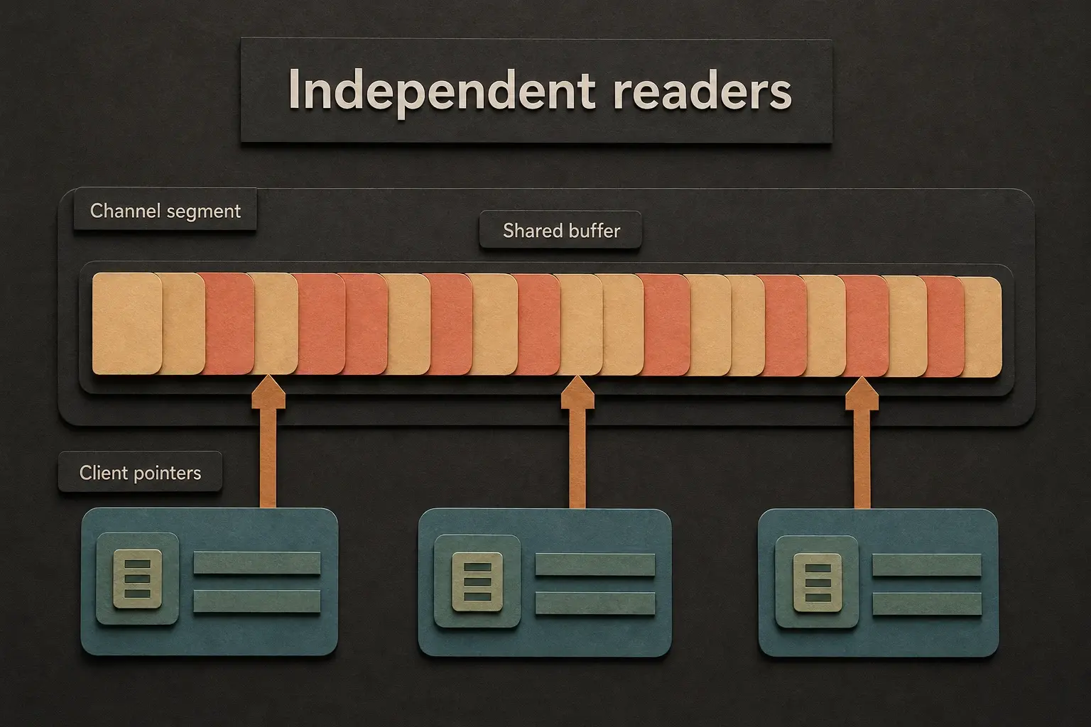 Paper-craft diagram showing three clients with independent pointers into one shared channel-segment buffer